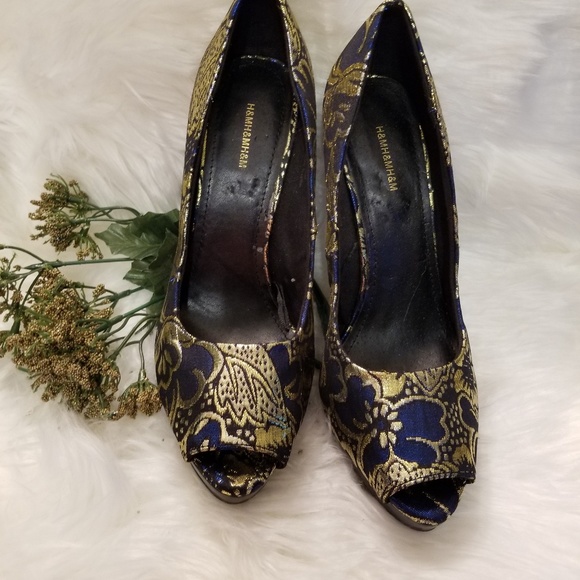 H & M Blue & Gold Dressy 4.5 Heels platform Shoes - Picture 1 of 5